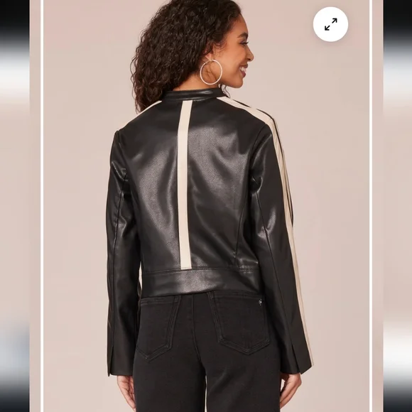 New Democracy Biker Jacket Size M Faux Leather Black Beige Zip Front Moto NWT - Picture 11 of 16
